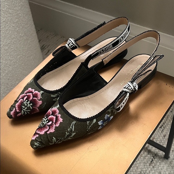 Dior Shoes - Dior Black Floral Embroidered Slingback Flats